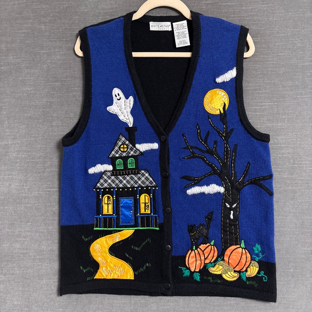 Vintage Halloween Sweater Vest XL Haunted House Ghost Cat Pumpkin Novelty Knit